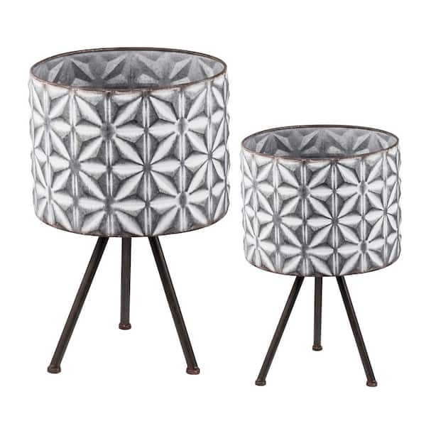 HOTEBIKE 17 in./19 in. Gray Round Galvanized Farmhouse Planter Metal Planter Stand (Set of 2)