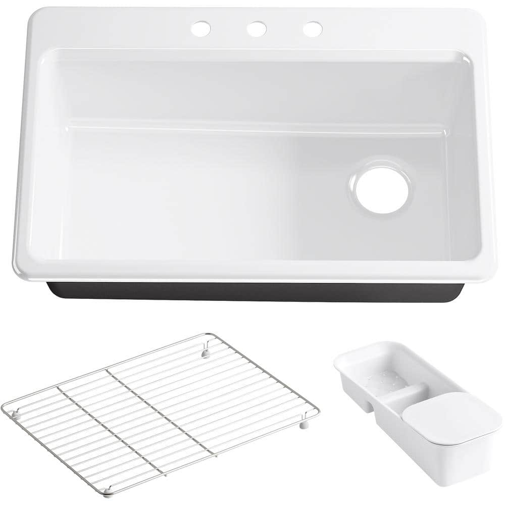 Kohler Riverby Drop In Cast Iron 33 In 3 Hole Single Bowl Kitchen Sink Kit With Accessories In White K 5871 3a2 0 The Home Depot