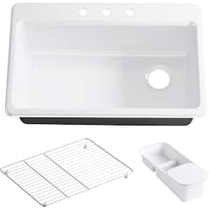 Riverby Drop-In Cast Iron 33 in. 3-Hole Single Bowl Kitchen Sink Kit with Accessories in White