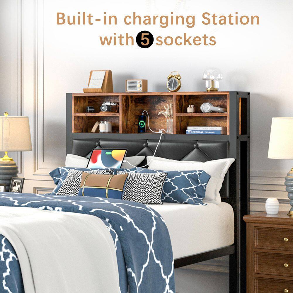 Bed Frame with Headboard, Brown Metal Frame Queen Platform Bed with USB Charging, LED Lights, No Box Spring Needed - thumbnail 6