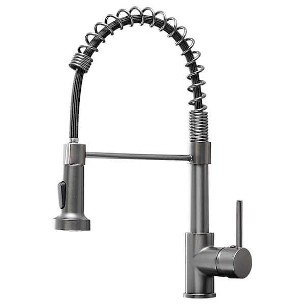 Lukvuzo Commercial Single Handle Pull Down Sprayer Kitchen Faucet with Pull Out Spray Wand High-Arc Brass in Gun Ash