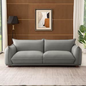 Maybelle 90 in. Round Arm Leather Rectangle Modern Luxury Tight Back Sofa in Grey