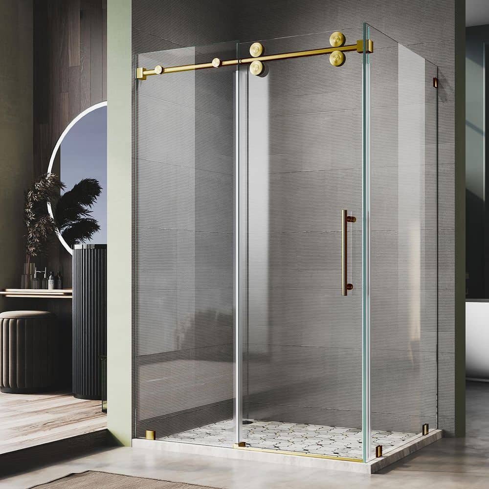 UKS04 55 in. W X 80 in. H X 32 in. D U-Channel Sliding Frameless Corner Shower Enclosure in Satin Brass, Clear Glass price history on PriceWatchPro