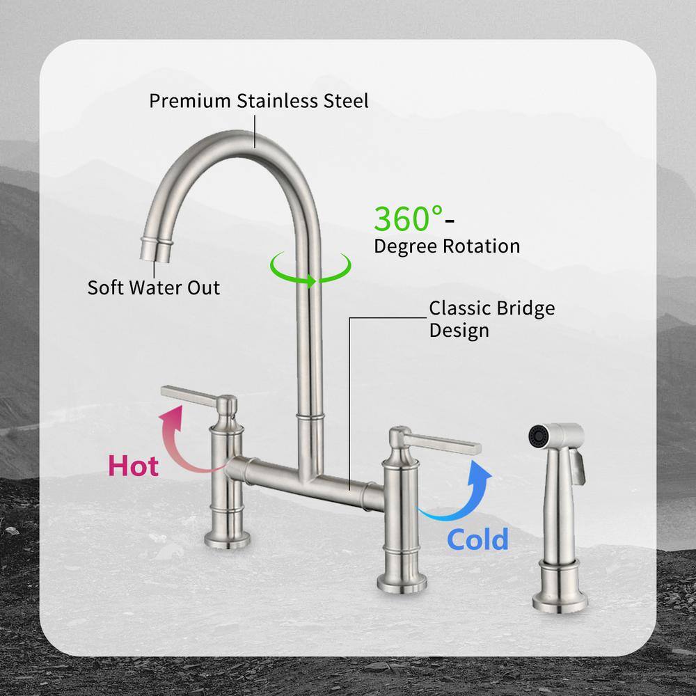 Brushed Nickel Double Handle Bridge Kitchen Faucet with Side Spray