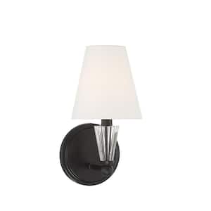Meridian 5.5 in. W x 11.5 in. H 1-Light Matte Black Wall Sconce with White Fabric Shade and Faceted Crystal Accent