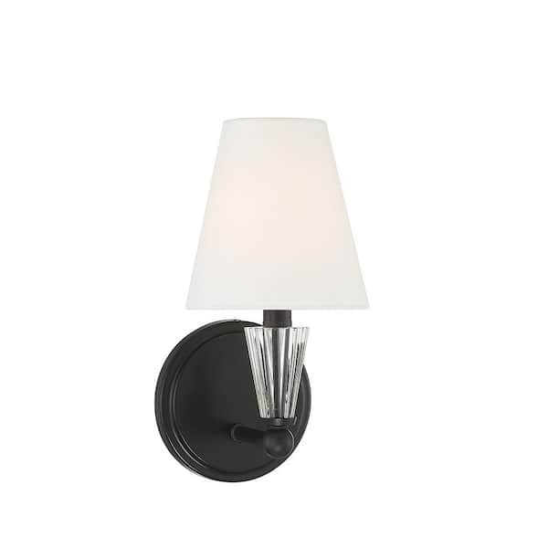 TUXEDO PARK LIGHTING 5.5 in. W x 11.5 in. H 1-Light Matte Black Wall Sconce with White Fabric Shade and Faceted Crystal Accents