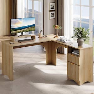 Bestier 55 in. White and Walnut L-Shaped Home Office Desk with