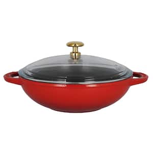 7 in. Red French Enameled Cast Iron Wok with Glass Lid