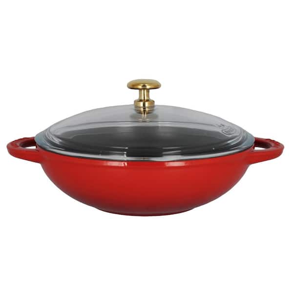 Chasseur 7 in. Red French Enameled Cast Iron Wok with Glass Lid