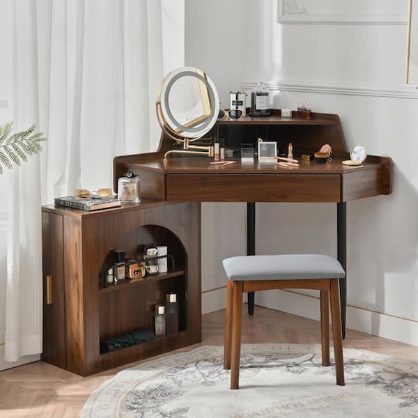 Walnut Corner Makeup Vanity Set with LED Lighted Mirror, Cushioned Stool, Display Shelf, Side Cabinet
