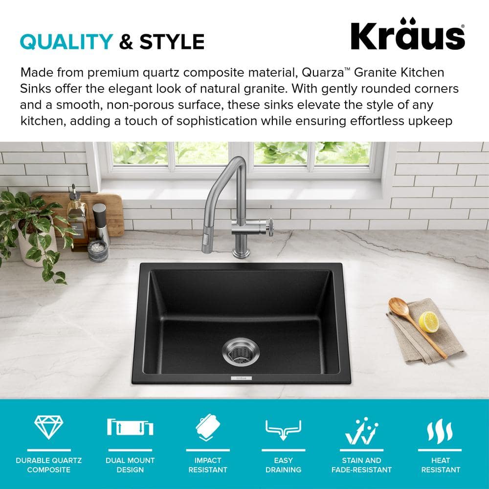 24-Inch Black Granite Drop-In Single Bowl Kitchen Sink