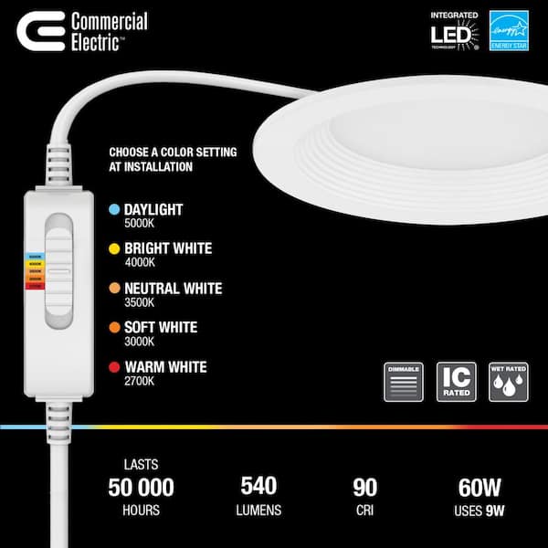 Slim Baffle Integrated LED 4 in Round Adj Color Temp Canless Recessed Light for Kitchen Bath Living rooms, White
