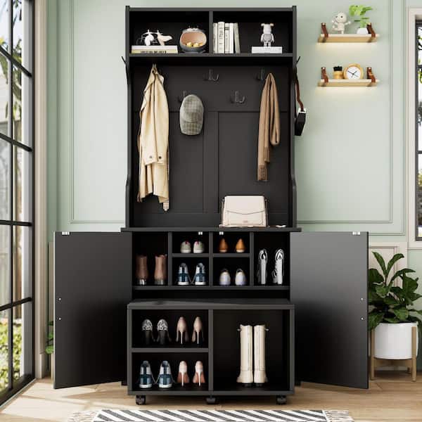 Unbranded 35.4 in. W x 14.9 in. D x 76.9 in. H Black Wood Hall Tree with Barn Doors and 7-Hanging Hooks for Entryways Hallways