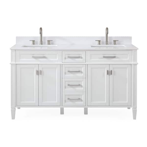 Benton Collection Durand 60 in. W x 22 in D. x 35 in. H Double sink Bath Vanity in White with white Quartz Top