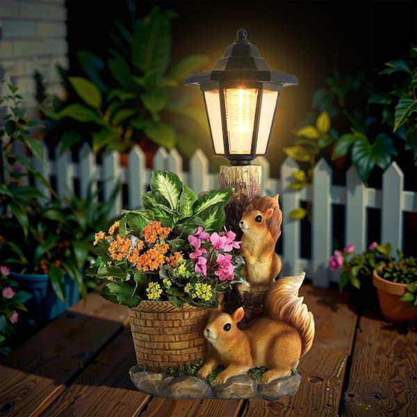 7 in. x 15 in. Brown Resin Solar Squirrels Outdoor Garden Statue