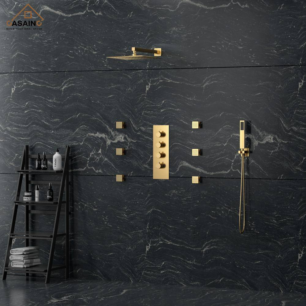 Brushed Gold Thermostatic Wall Mounted Rainfall Shower System with Body Jets