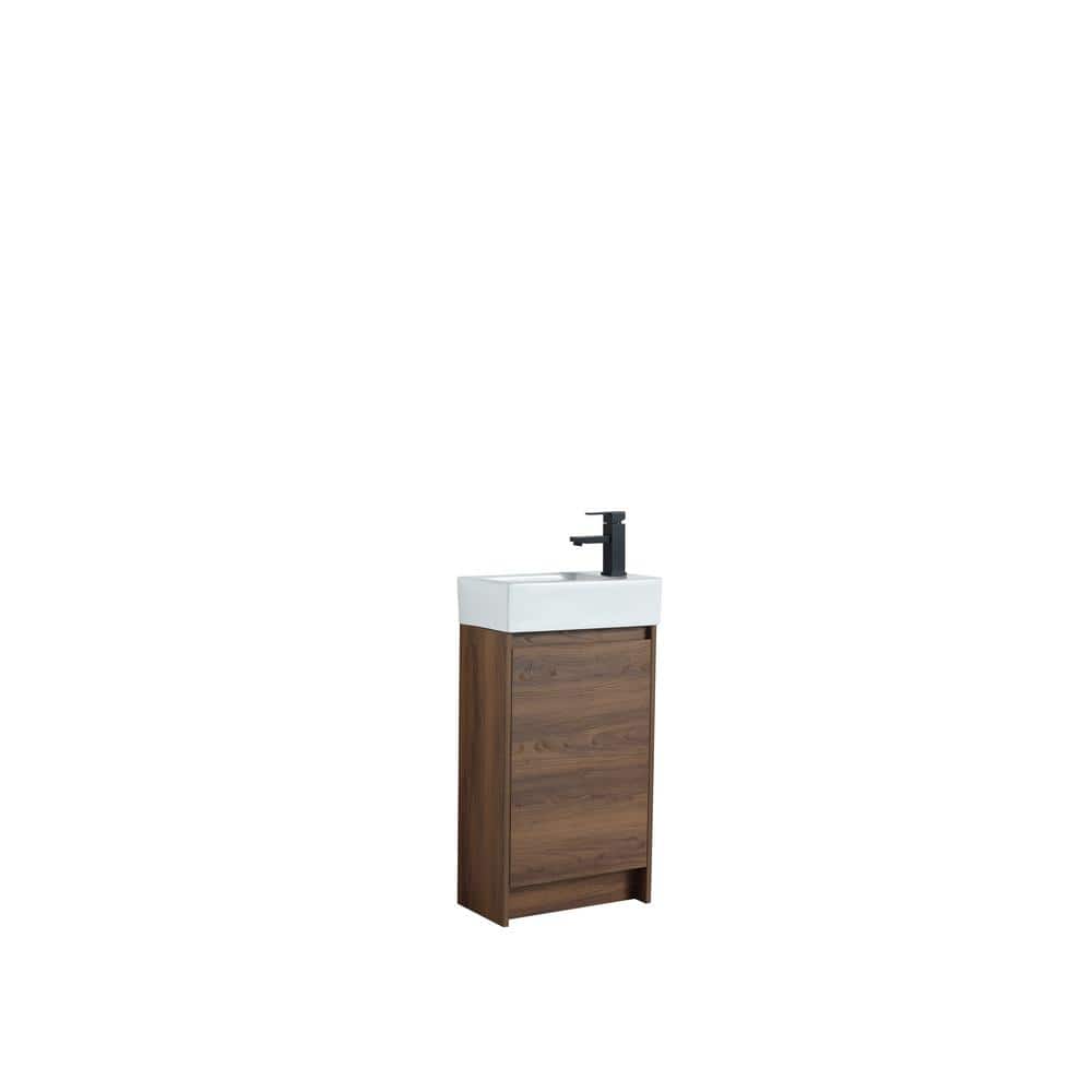 Solid Wood 18 in. Freestanding Brown Walnut Bath Vanity with White Ceramic 