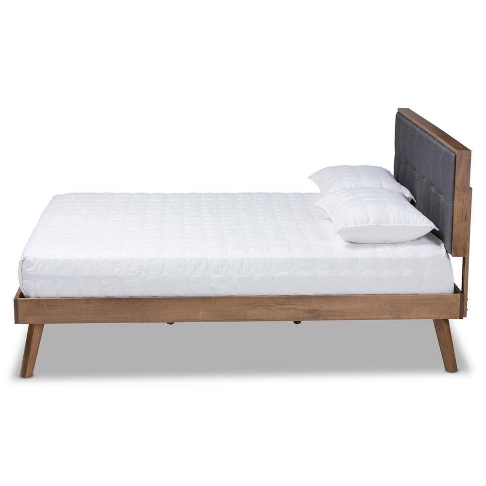Full Dark Grey Upholstered Walnut Wood Platform Bed