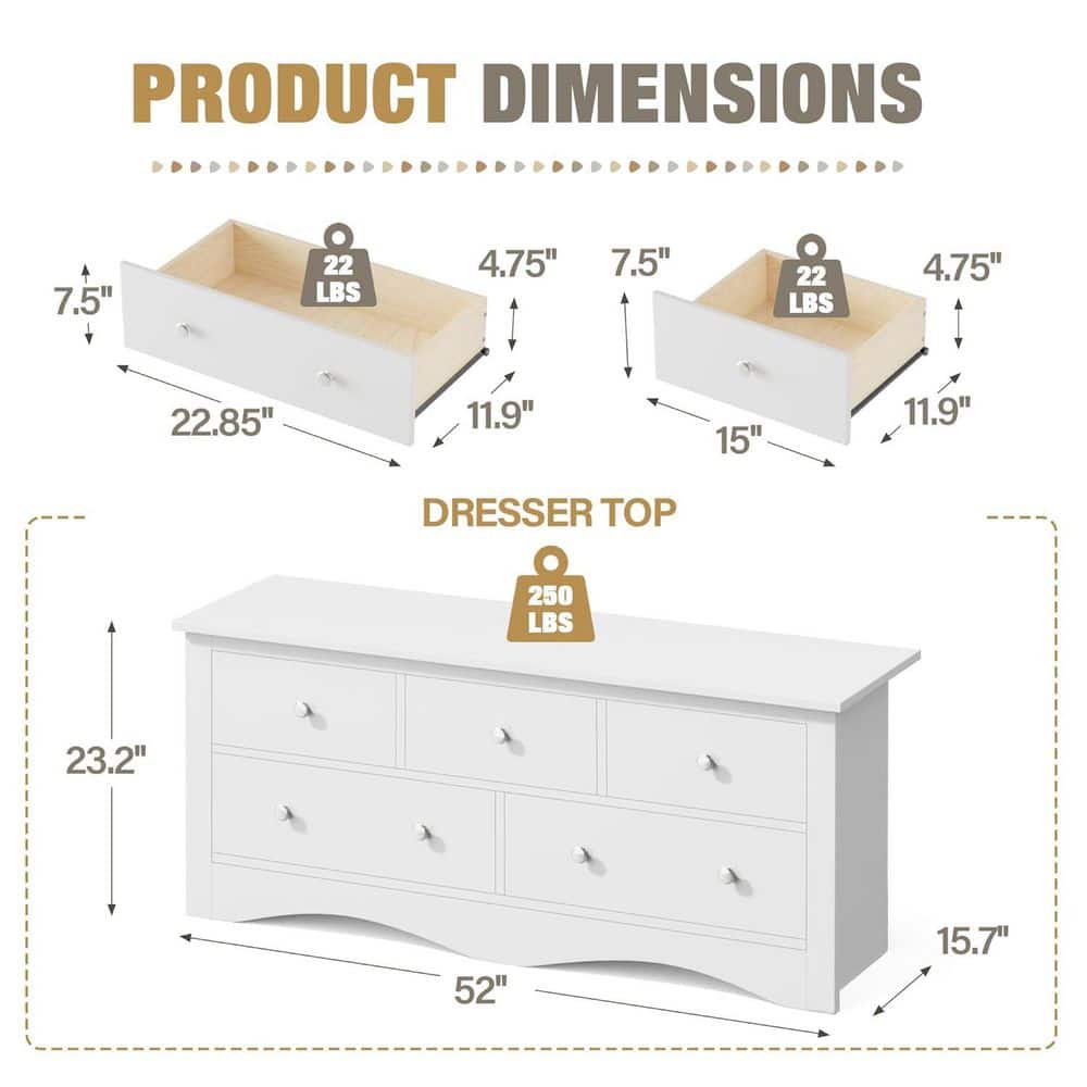Creaser 52 in. Black MDF Dresser for Bedroom, Wide Chest of Drawers with 5-Wood Dresser Drawers - thumbnail 3