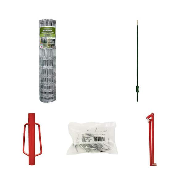 3 ft. 11 in. x 132 ft. Field Fence, 6 ft. Green Steel T-Post, Driver, Clips (25 per Bag) and 38 in. Puller Combo