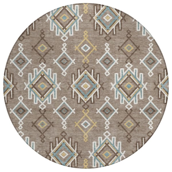 Chantille Machine Washable Indoor/Outdoor Abstract ACN3042 Taupe 8 ft. x 8 ft. Round Rug