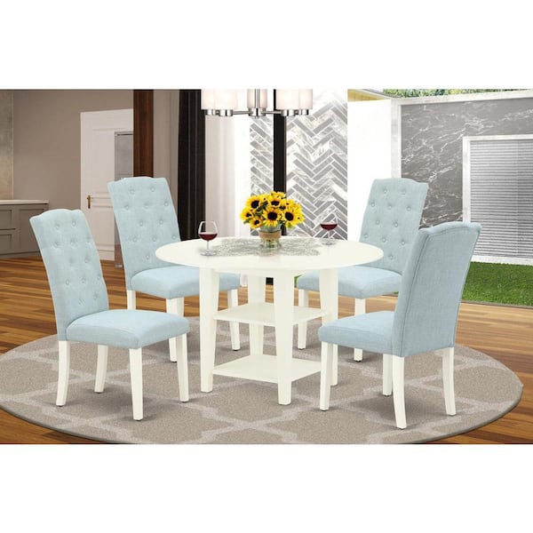 East West Furniture 5-Piece Linen White Finish Solid Wood Top - Round Dining Room Set with Dropleaf - Seats 4
