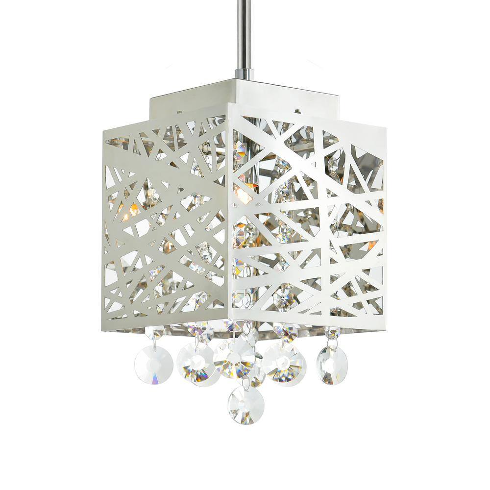 Chrome Mini Drum Pendant with Crystal Drops and LED Light