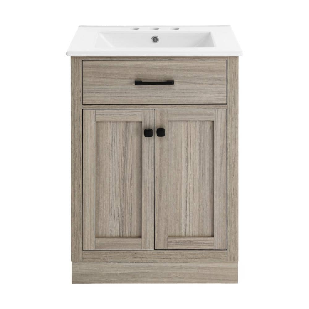Burdon 24 in. W Bathroom Vanity in Brown Oak with White, 3-Hole Ceramic Sink Top price history on PriceWatchPro