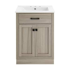 Burdon 24 in. W Bathroom Vanity in Brown Oak with White, 3-Hole Ceramic Sink Top