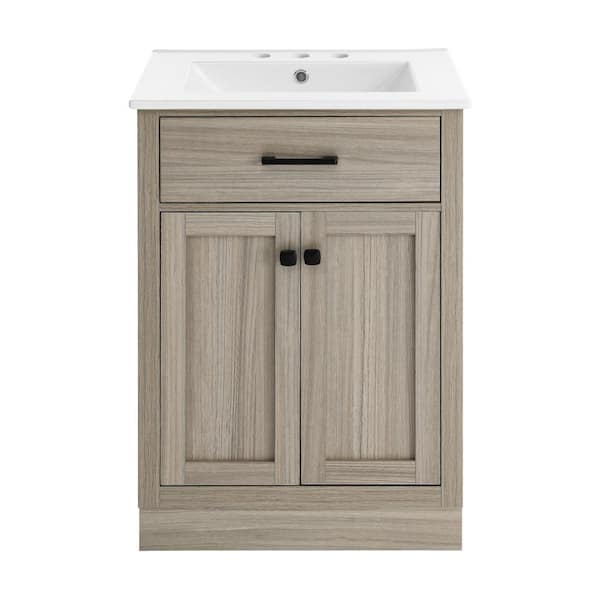 Swiss Madison Burdon 24 in. W Bathroom Vanity in Brown Oak with White, 3-Hole Ceramic Sink Top
