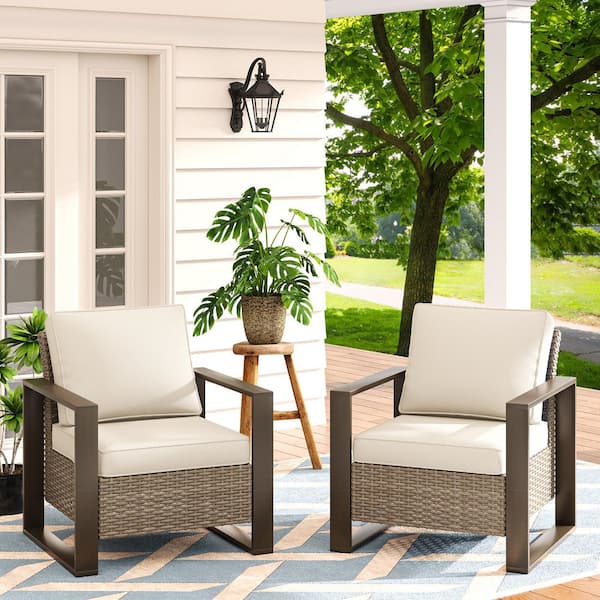 2-Piece Patio Wicker Outdoor Lounge Chair with Metal Frame and Beige Cushions