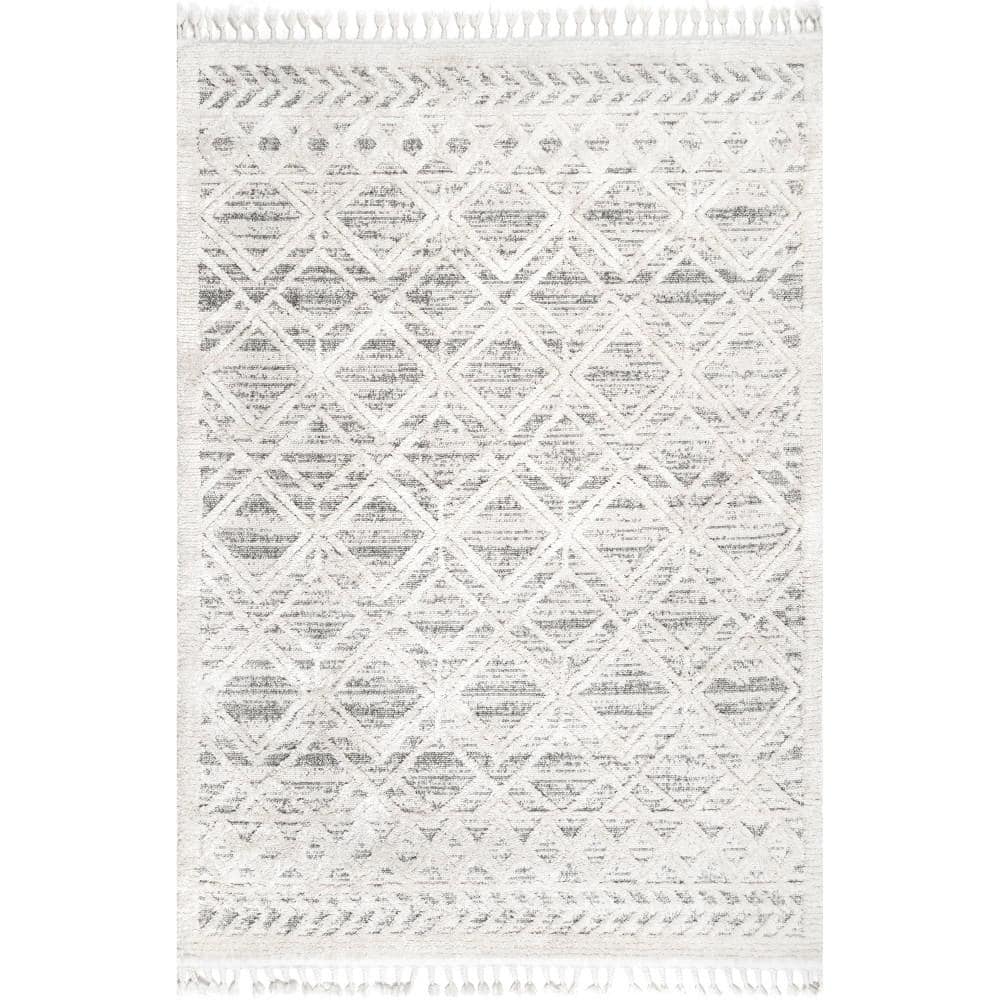 Light Grey Moroccan Lattice Tassel Shag Area Rug