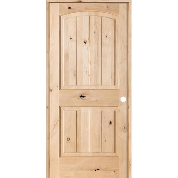 Krosswood Doors 24 in. x 80 in. Knotty Alder 2-Panel Top Rail Arch V-Groove Solid Left-Hand Wood Single Prehung Interior Door