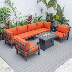 Hamilton 7-Piece Aluminum Modular Outdoor Patio Conversation Seating Set With Firepit Table & Cushions in Orange