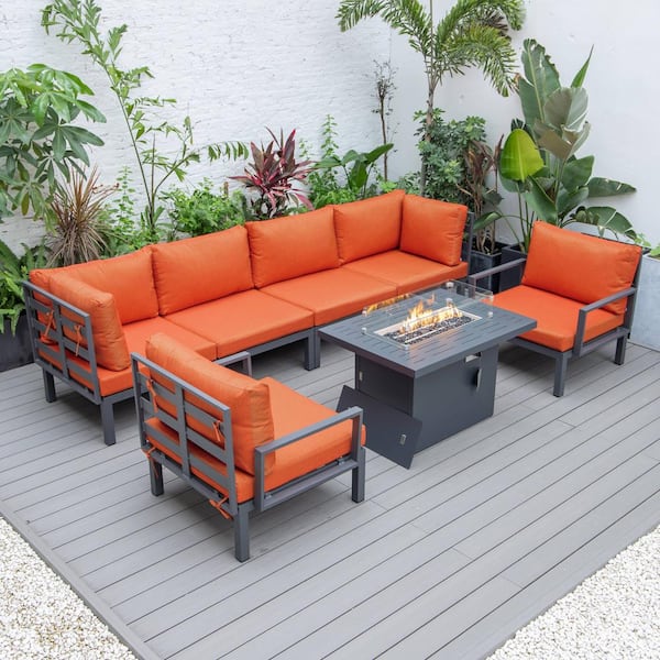 Leisuremod Hamilton 7-Piece Aluminum Modular Outdoor Patio Conversation Seating Set With Firepit Table & Cushions in Orange