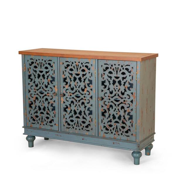 PHI VILLA Bluish Grey Hollow-Carved Cabinet with 3-Door