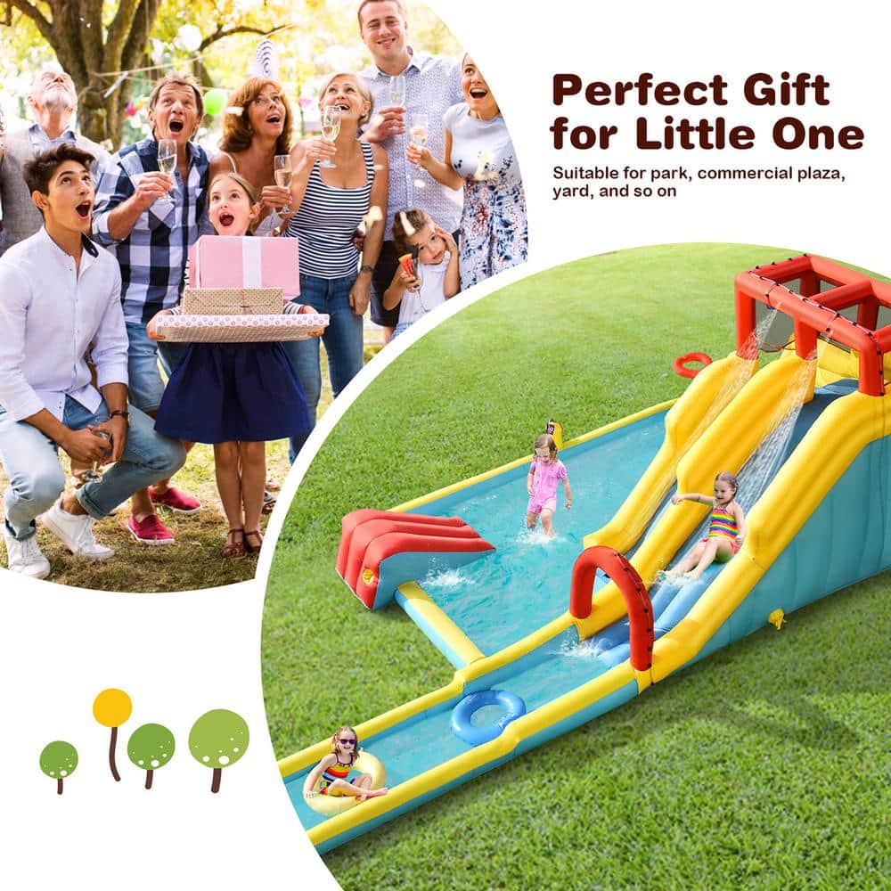 Multi-Color Inflatable Bounce House with Dual Slides and Water Park