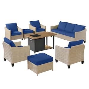 Oconee 8-Piece Wicker Modern Outdoor Patio Conversation Sofa Seating Set with a Storage Fire Pit and Navy Blue Cushions