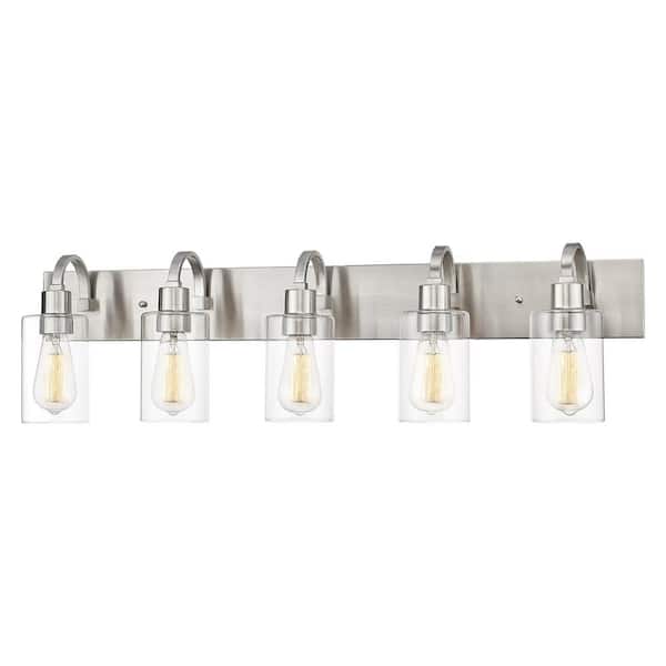 JAZAVA 37 in. 5-Light Brushed Nickel Vanity Light with Clear Glass Shade Bathroom Light Fixture