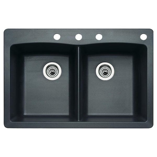 Blanco Diamond Dual-Mount Granite 33 in. 4-Hole 50/50 Double Bowl Kitchen Sink in Anthracite
