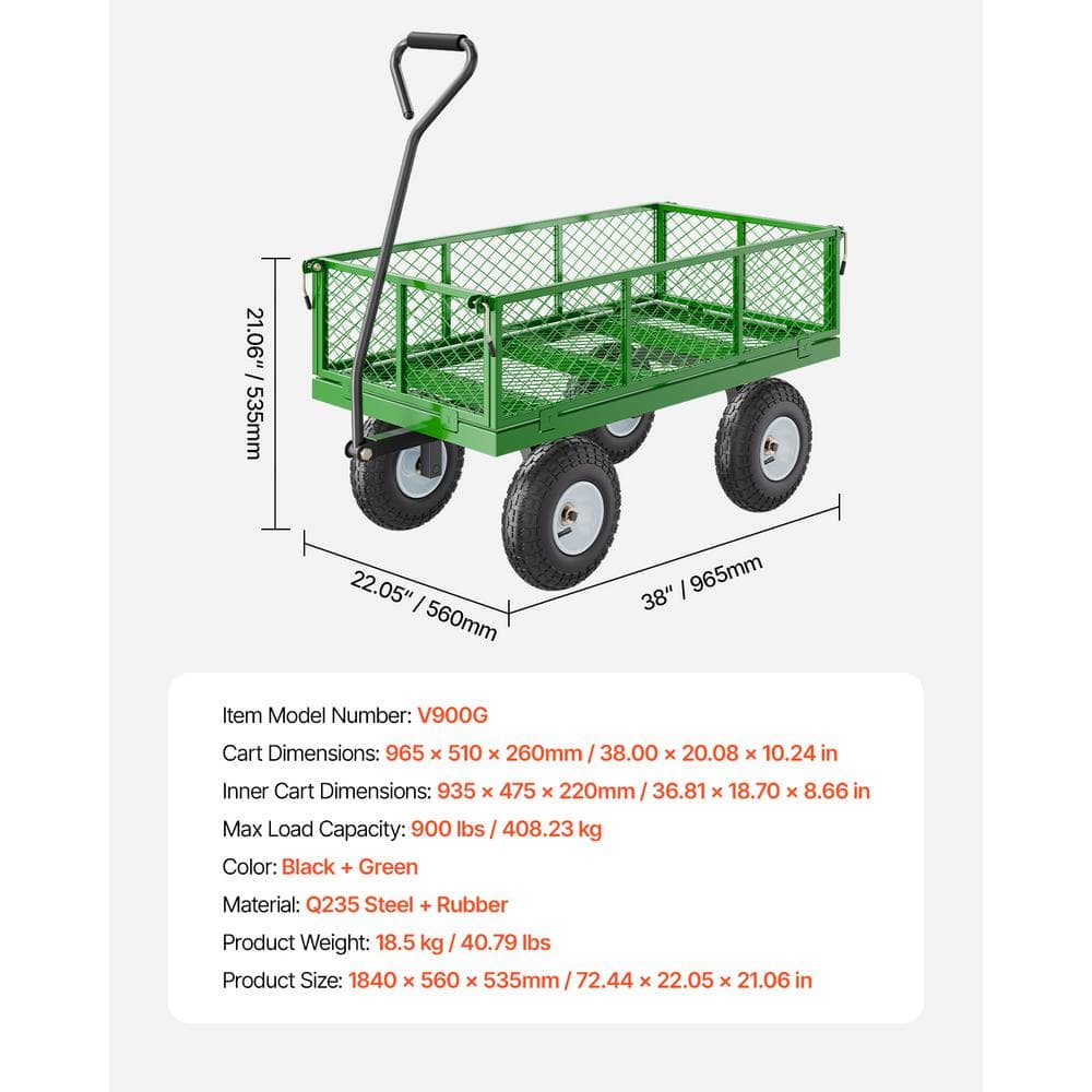 Green Heavy-Duty Steel Garden Cart with Rubber Tires