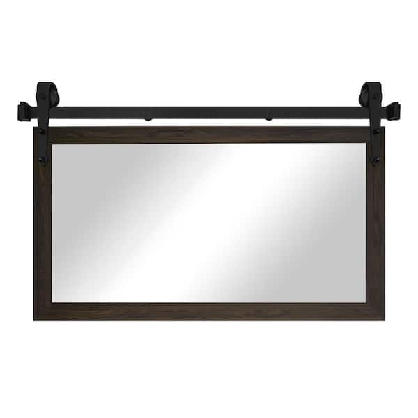 (66 in. W x 33 in. H) Black Walnut Modern Rustic Mirror with Steel Barn Door Rail