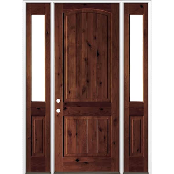 58 in. x 96 in. Knotty Alder Arch Right-Hand/Inswing Clear Glass BEHR Red Mahogany Stain Wood Prehung Front Door w/ DHSL