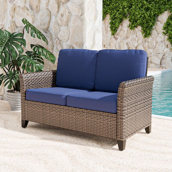Wicker Outdoor Patio Loveseat 2-Seat Sofa Couch with Blue Cushions