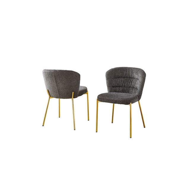 Orion Dark Grey Fluffy Fabric Side Chair (Set of 2) with Gold Chrome Plated Legs