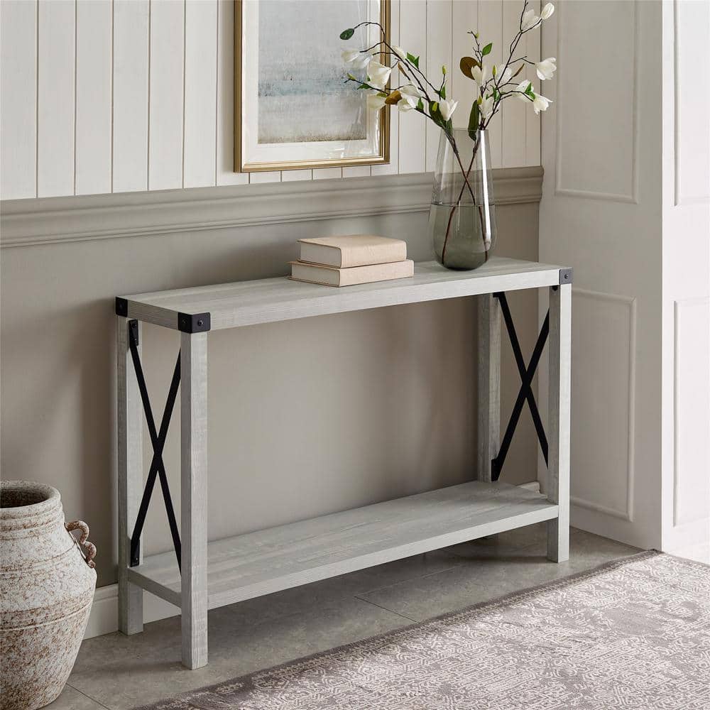 46 in. Stone Grey Rectangle Wood Farmhouse Metal-X Console Table with Lower Shelf