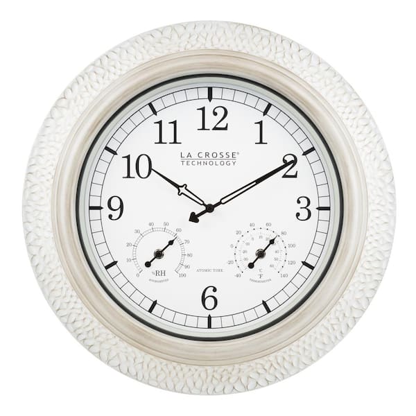 La Crosse Technology 21 In. Indoor/Outdoor Whitewashed Hammered Metal Atomic Analog Wall Clock