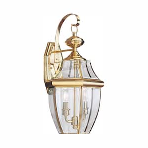 Lancaster 2-Light Polished Brass Outdoor 20.5 in. Wall Lantern Sconce with Dimmable Candelabra LED Bulb