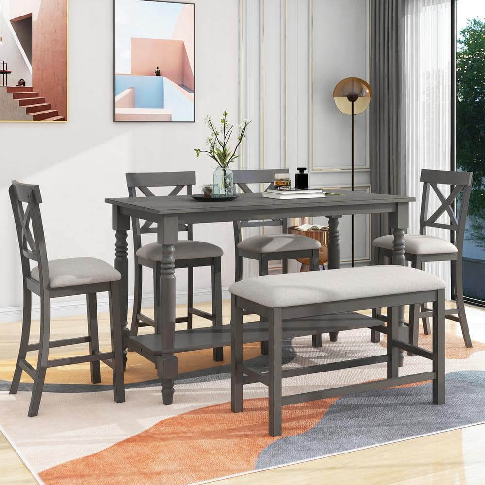 Qualler Gray 6-Piece Wood Top Dining Table with 4 Chairs and Bench