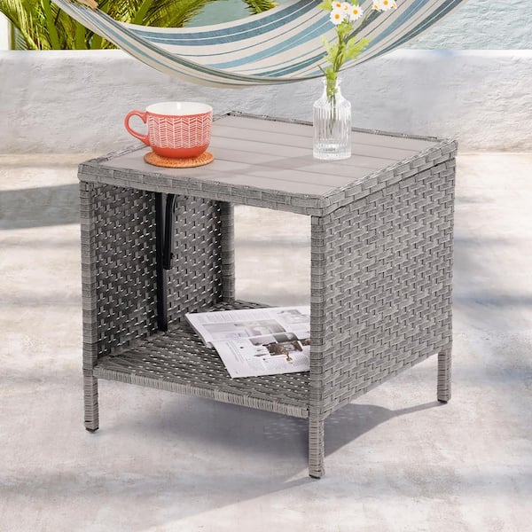 JOYESERY Patio HIPS Side Table, Square Coffee Table, Outdoor Secondary Space Rattan End Table, Grey